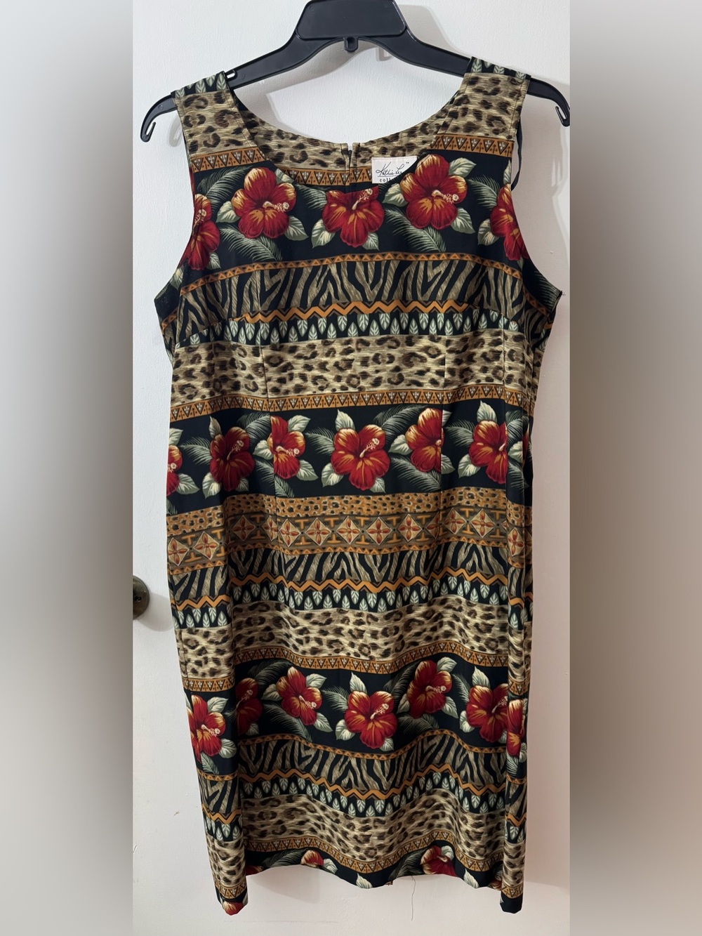 Kathie Lee Collection Black Shift Dress with Red Floral & Animal Motifs